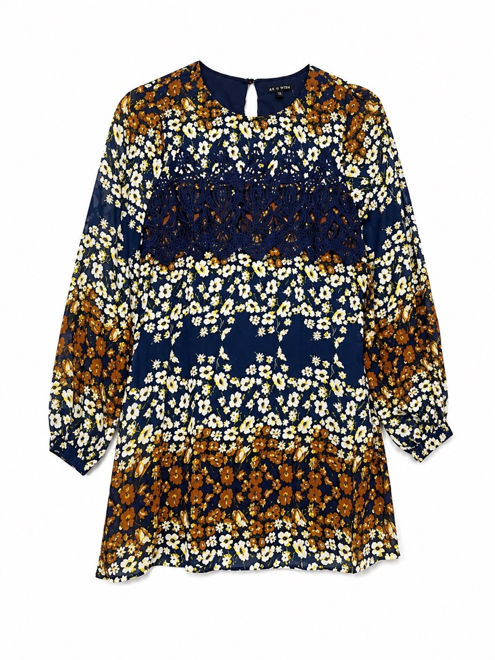 As U Wish NWT Floral Crochet Lace Dress XS Navy Long Sleeve Boho Mini Dress